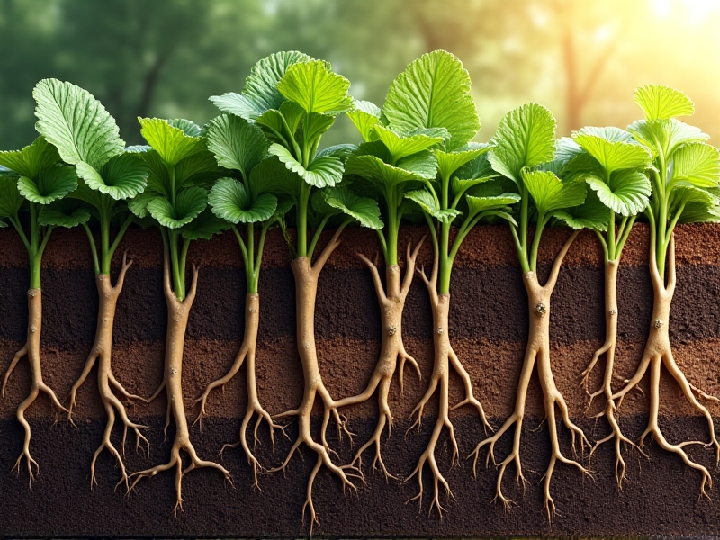 A cross-sectional illustration of comfrey roots penetrating multiple soil layers, with detailed textures showing nutrient uptake from deep underground. Earthworms and microorganisms populate the soil, emphasizing ecological interconnectedness.