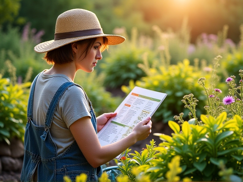 A gardener in a sunhat examines soil samples and a planting chart, surrounded by diverse dynamic accumulator plants. The scene blends practicality and ecology, with warm daylight enhancing the garden’s vibrant colors.