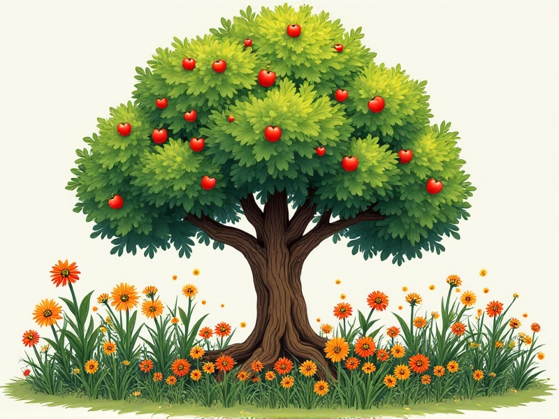 An illustrated permaculture guild featuring an apple tree surrounded by comfrey, clover, and nasturtiums. Arrows show nutrient exchange and pest control interactions, with a warm, earthy color palette reflecting sustainability.