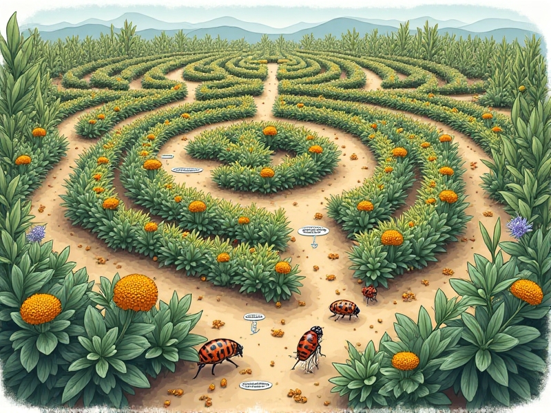 Scientific illustration showing insect pests navigating a polyculture maze. The diagram highlights chemical volatiles from marigolds and mint confusing aphids, while ladybugs patrol the area. The style is detailed and educational, with labels explaining plant-pest interactions.