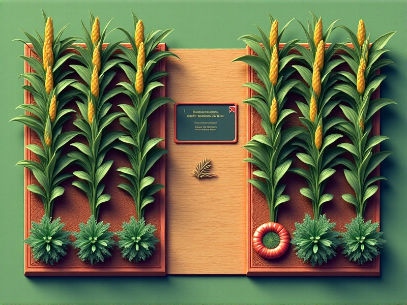 A raised garden bed with layered planting: tall corn stalks, mid-height beans, low-growing squash, and flowering nasturtiums at the edges. The design demonstrates the Three Sisters method with added pest-repelling flowers, rendered in a warm, earthy color palette.