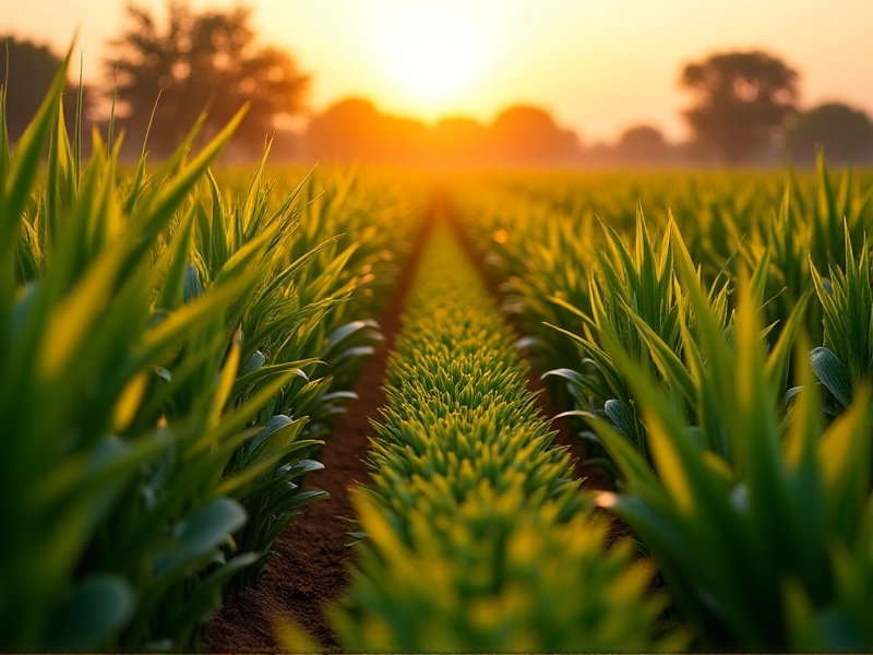 A sunlit Kenyan farm with rows of maize mixed with green desmodium and tall napier grass. Farmers in straw hats inspect healthy crops, while beneficial insects hover nearby. The scene radiates abundance and ecological harmony.