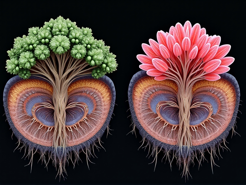 Side-by-side microscopic cross-sections: left shows ectomycorrhizal fungi forming a thick mantle around tree root cells, right displays endomycorrhizal arbuscles inside plant root cells, rendered in vivid colors against a black background with scientific precision.