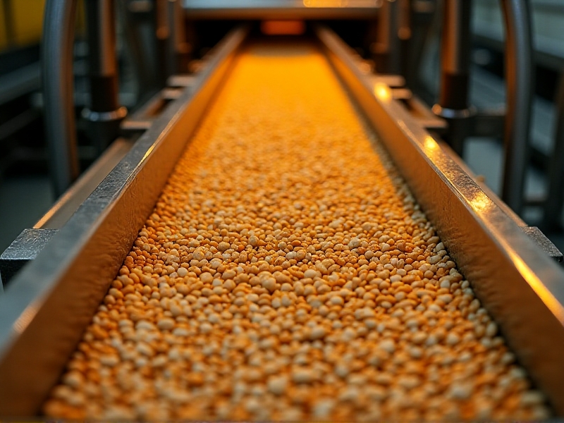 Sunflower seeds coated in beige mycorrhizal inoculant tumbling inside an industrial seed treater, metallic machinery with warm golden lighting, emphasizing agricultural technology and precision application.