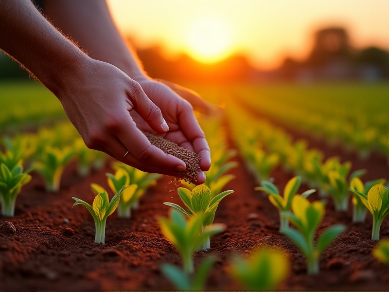 A farmer’s hands scattering granular mycorrhizal inoculant over raised garden beds at sunset, with reddish soil and young vegetable seedlings, evoking sustainable farming practices through earthy tones and warm natural light.