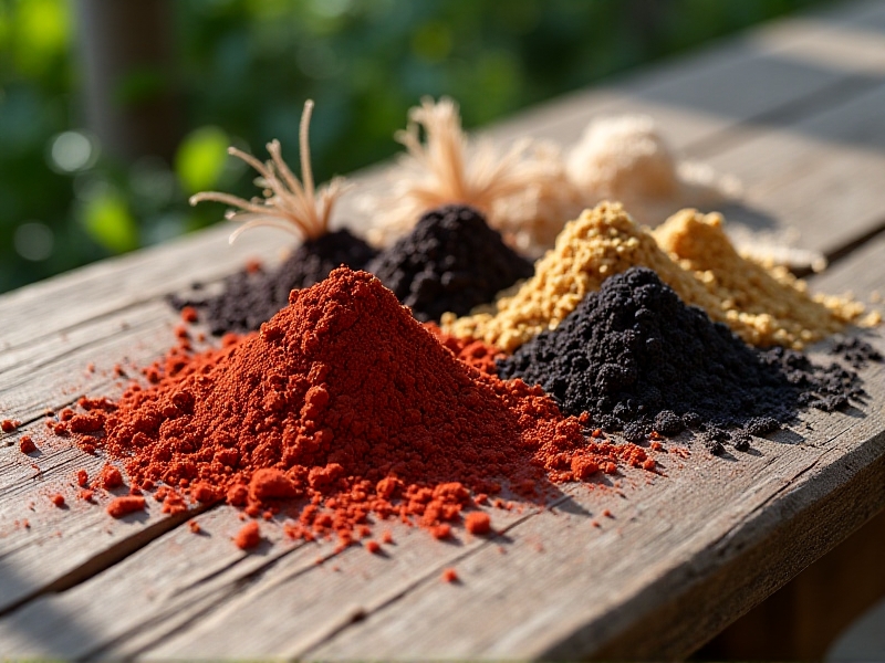 An assortment of raw materials for seed bombs arranged on a rustic wooden table: red clay powder, dark compost, coconut coir fibers, and packets of native wildflower seeds. Soft natural light emphasizes texture and earthy colors.