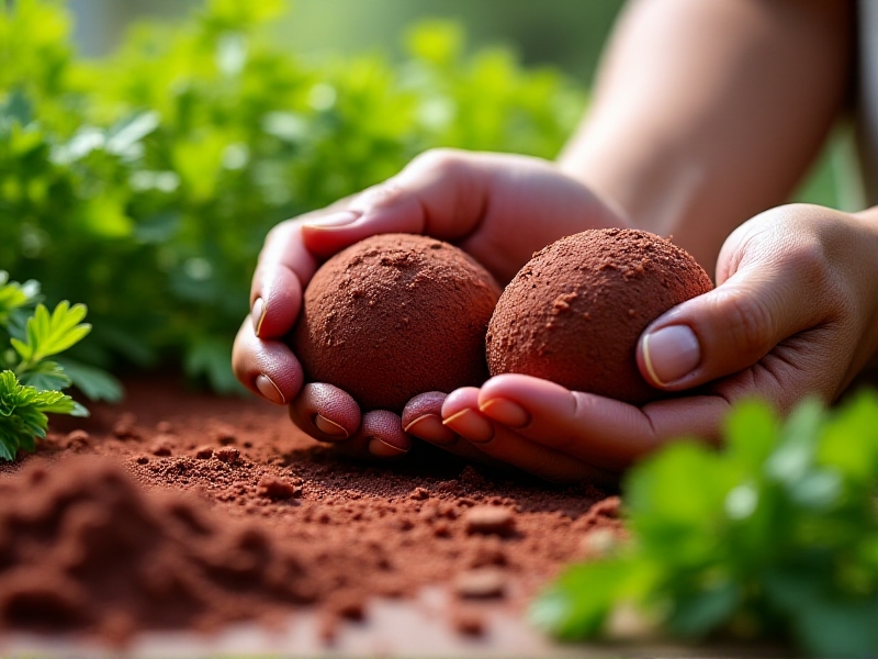 Hands kneading a mixture of red clay and compost into seed bombs, with loose soil and wildflower seeds scattered nearby. The process is shown mid-action, with vibrant green parsley sprigs in the background for contrast.