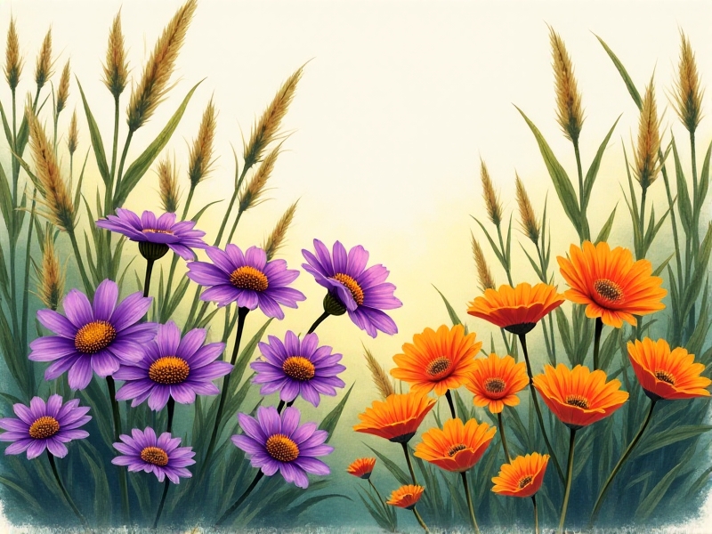 A thriving garden in clay soil featuring bold purple coneflowers, orange milkweed, and tall grasses swaying in gentle wind. Morning light casts long shadows, emphasizing vibrant colors against the rich, dark soil.