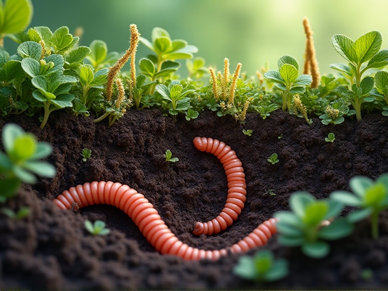 A macro-view illustration of soil layers showing earthworms, fungal mycelium, and decomposing plant matter interacting within a dark, crumbly soil matrix. Streaks of green organic material blend with earthy brown tones, creating a textured depiction of biological activity beneath mulch.