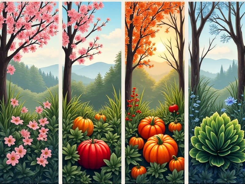 A quartet of seasonal garden scenes displayed in panels: spring cherry blossoms falling onto seedling beds, summer tomato plants surrounded by basil cuttings, autumn pumpkins nestled in maple leaves, and winter kale protected by pine needle mulch. Each panel uses seasonal color palettes and appropriate plant combinations.