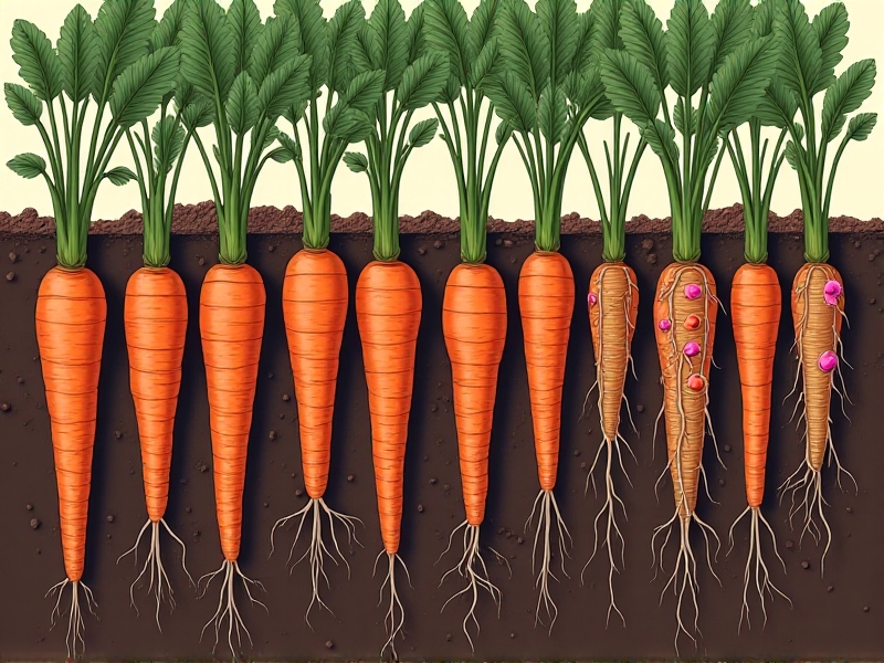 Detailed cross-section illustration of soil showing carrot roots alongside pepper plant roots, with nitrogen nodules visible on legume roots, highlighting nutrient exchange and soil health in a companion planting system.