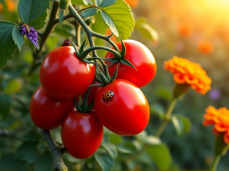 Juicy red tomatoes on the vine surrounded by purple basil flowers and orange marigolds in a sun-drenched garden, with ladybugs crawling on leaves, showcasing effective pest management and biodiversity.
