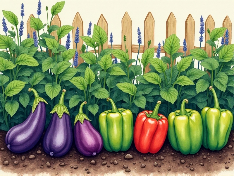 Green bell peppers and purple eggplants growing alongside blooming thyme and bushy green bean plants in a neatly mulched garden row, emphasizing soil synergy and pest resistance.