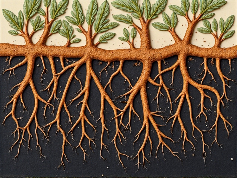 Illustration of cross-sectioned soil revealing intricate root systems: deep taproots intertwined with fibrous roots and mycorrhizal fungi. Earth tones dominate, with hints of white fungal networks and reddish soil particles, showcasing nutrient exchange and water distribution in a drought-tolerant guild.