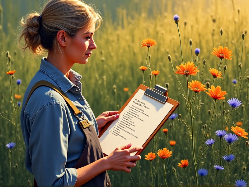 A gardener’s hand holding a clipboard with a list of native plants beside a rustic wooden tray of seedlings: red columbine, blue grama grass, and penstemon. The background shows a sunlit meadow with varying plant heights and textures, emphasizing biodiversity and informed species selection.