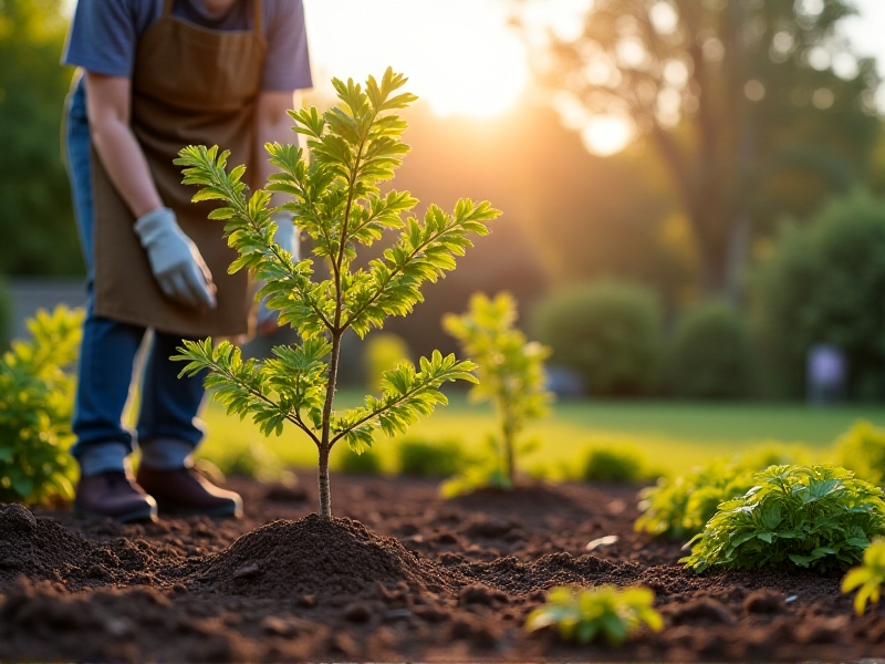 A partially assembled plant guild in a suburban backyard: young oak sapling surrounded by freshly planted shrubs and perennials. A gardener in gloves spreads mulch, with tools and watering cans nearby. The image captures early-stage growth, sunlight filtering through bare branches, and optimistic beginnings.
