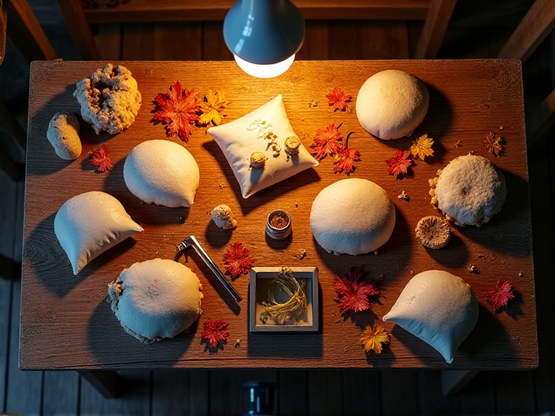 A rustic wooden table displaying a variety of freshly cut hardwood logs, including oak and maple, alongside a stainless steel inoculation tool and bags of sawdust spawn. The logs have smooth, bark-covered surfaces and lie on a bed of fallen autumn leaves, creating a natural, organic aesthetic.
