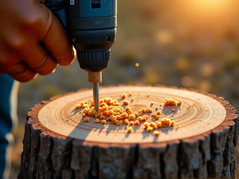 A gloved hand using a drill to insert sawdust spawn into a pre-drilled hole in a hardwood log. The log’s surface is dotted with evenly spaced holes, and wood chips scatter nearby. Sunlight highlights the spawn’s granular texture against the log’s dark, rugged bark.