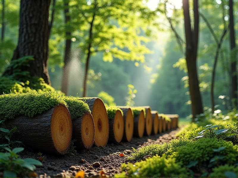 A stack of inoculated hardwood logs partially buried in moist soil under a canopy of deciduous trees. Dappled sunlight illuminates moss-covered ground, and a spray bottle mists the logs to maintain humidity. The scene evokes a serene, woodland microclimate.