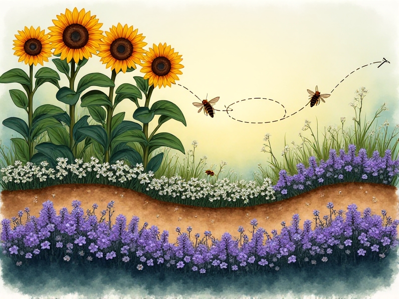 Illustration-style diagram showing cross-section of a flower matrix garden. Three distinct layers are visible: tall sunflowers with dark brown centers at the back, medium-height purple aster flowers in the middle, and low-growing white alyssum ground cover in front. Arrows indicate bee movement between layers.