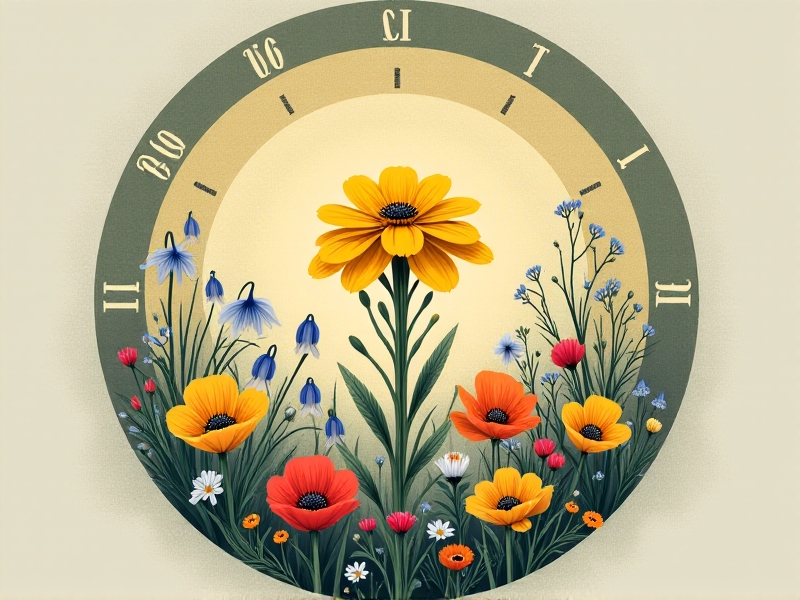 Collage of flowers arranged in a circular timeline: yellow winter aconite at 12 o'clock progressing through bluebells, red poppies, orange marigolds, and purple asters, ending with white snowdrops at 11 o'clock. Each flower group is labeled with its bloom period in minimalist typography.