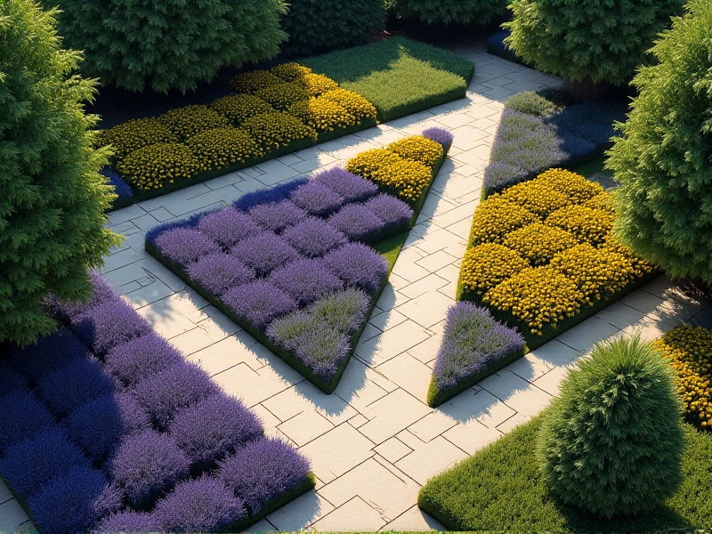 Overhead view of a geometric garden design with undulating drifts of purple catmint flowing between triangular wedges of yellow black-eyed Susans. A weathered wooden bee hotel sits near a curved stone water basin. Graph paper lines overlay the design, suggesting careful planning.