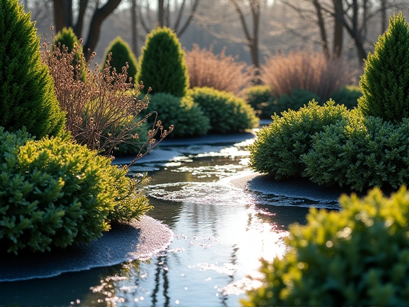 A small garden pond surrounded by evergreen shrubs and dormant perennials, with a thin layer of ice at the edges. Sunlight glints off the water’s surface, emphasizing its role as a heat-retaining feature. Frost covers distant grass, but the area near the pond remains ice-free.