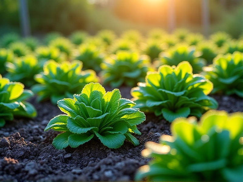 Raised vegetable beds lined with smooth, dark river rocks and filled with rich, moist soil. Young lettuce and kale grow in neat rows, protected by the surrounding stones. Late afternoon sun casts long shadows, highlighting the contrast between warm rocks and cool soil.