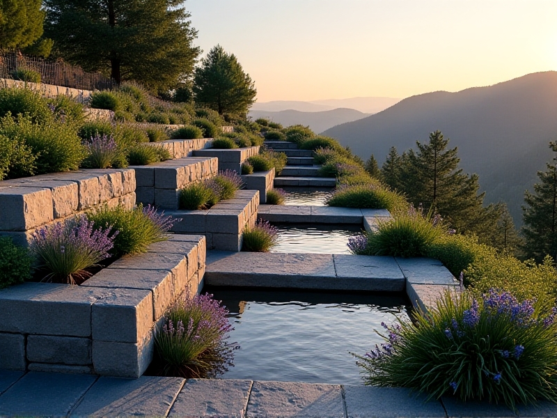 Terraced garden beds built with stacked slate stones, following a south-facing slope. Each level contains a mix of herbs and flowering plants, with a central rainwater basin. The stones glow warmly in the setting sun, their surfaces still radiating residual heat.
