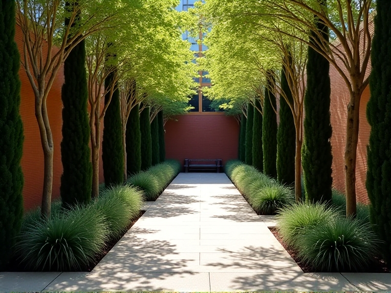 Close-up of Italian cypress trees lining a narrow urban courtyard, their slender dark-green foliage contrasting against a brick wall, with dappled shadows on a paved path. Detailed textures, soft natural light, and minimalist urban garden design.