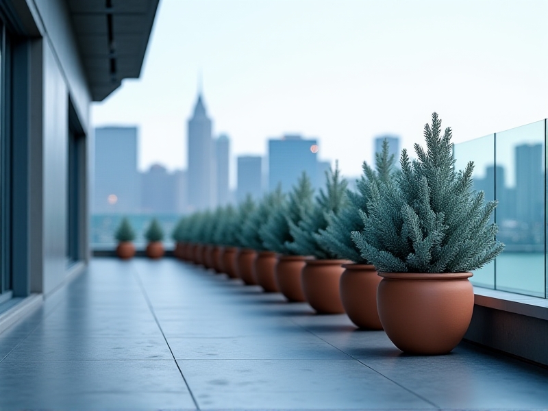 A row of dwarf Blue Arrow junipers in terracotta pots along a modern balcony, their silvery-blue foliage rustling in a breeze, with a city skyline visible in the background. Sharp focus, cool-toned lighting, and contemporary urban aesthetics.