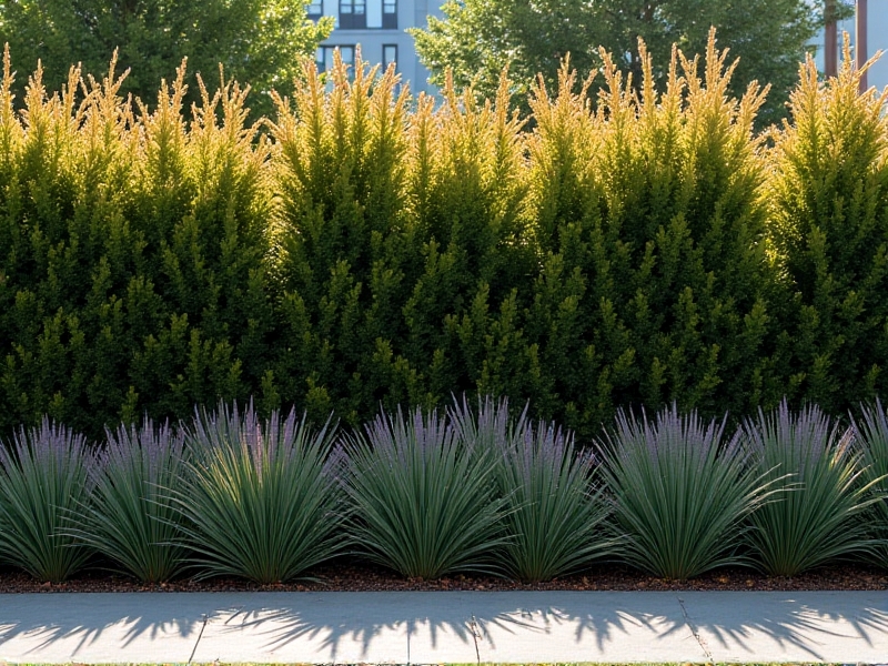 A layered urban windbreak with tall miscanthus grass, mid-height red osier dogwood shrubs, and low lavender hedges bordering a stone patio. Autumn colors with orange, purple, and green hues, soft afternoon light, and dynamic texture contrast.