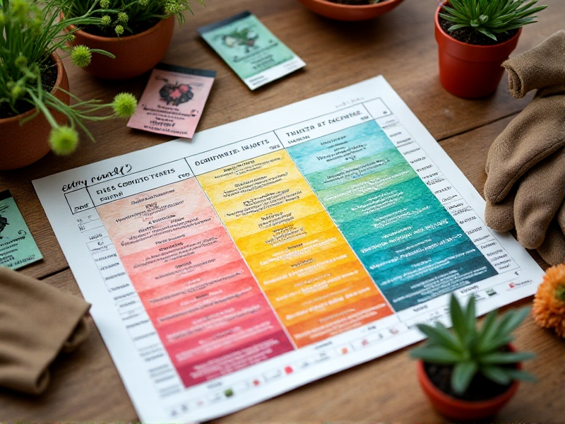 A detailed gardening chart with colored swatches and handwritten notes: pink for early bloomers, teal for drought-tolerant herbs, and gold for autumn crops. The chart rests on a rustic wooden table, surrounded by seed packets and gardening gloves.