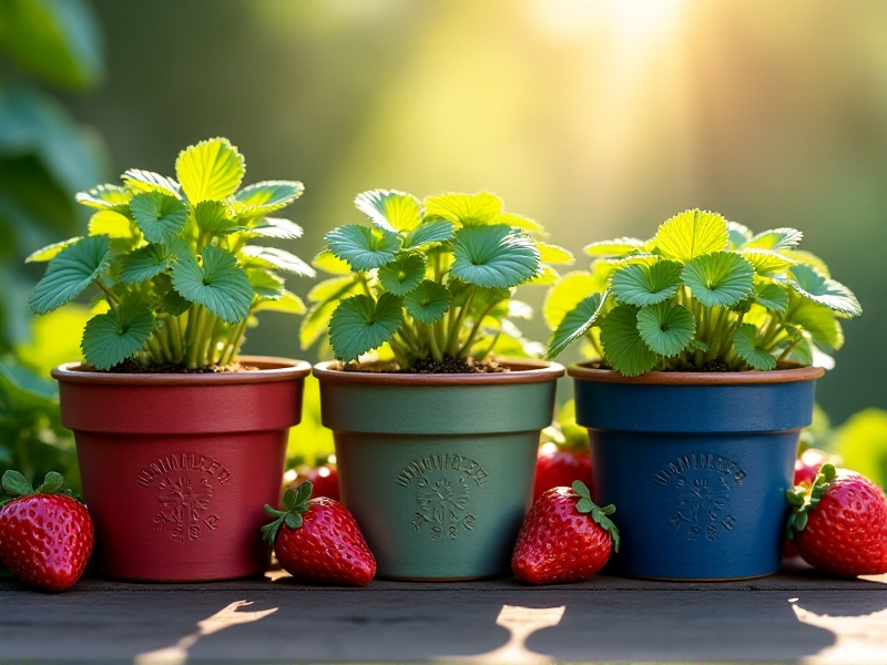 Close-up of hand-painted ceramic markers in terracotta pots: crimson for strawberries, sage for mint, and cobalt for blueberries. Sunlight filters through nearby foliage, casting dappled shadows on the labels.