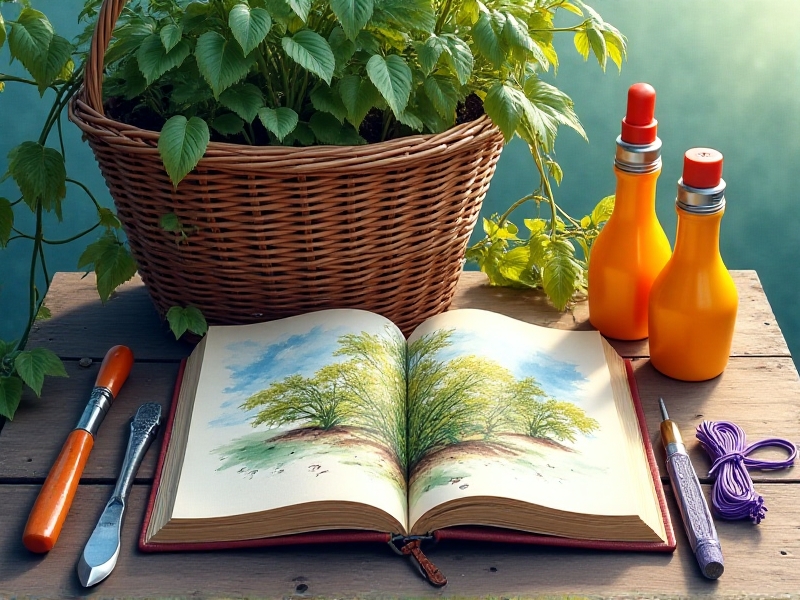 A woven basket holds gardening tools alongside color-coordinated supplies: green twine for vines, yellow spray bottles for fertilizers, and purple plant ties. A leather-bound journal lies open, showing sketched garden layouts.