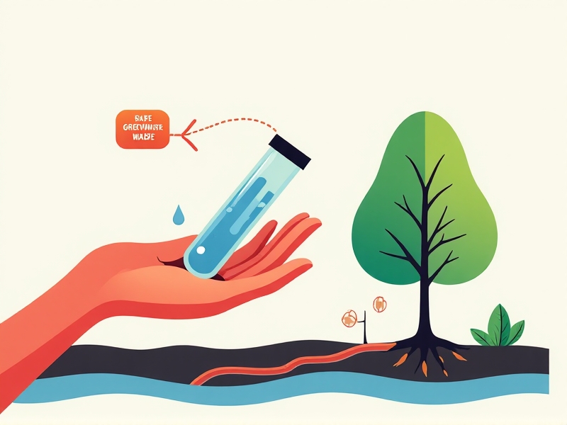 An infographic showing safe greywater practices: a hand holding a test tube analyzing water, a subsurface drip line irrigating tree roots, and a warning icon against using greywater on vegetables. Bold red and green colors contrast with a clean, flat design style.