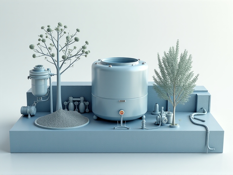A 3D rendered diagram of a certified greywater system with labeled components: polyethylene storage tank, sand filter, and drip irrigation tubing. The image uses realistic textures and neutral colors, with arrows indicating water flow direction.