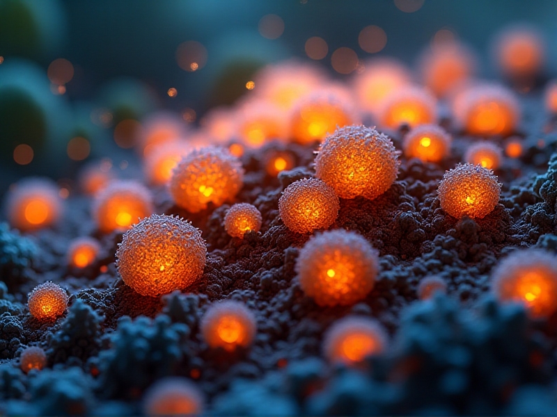 Digital illustration of microbial activity in Bokashi compost: glowing lactic acid bacteria and yeast cells swarming over avocado peels and coffee grounds, vibrant orange and blue hues highlighting biological processes.
