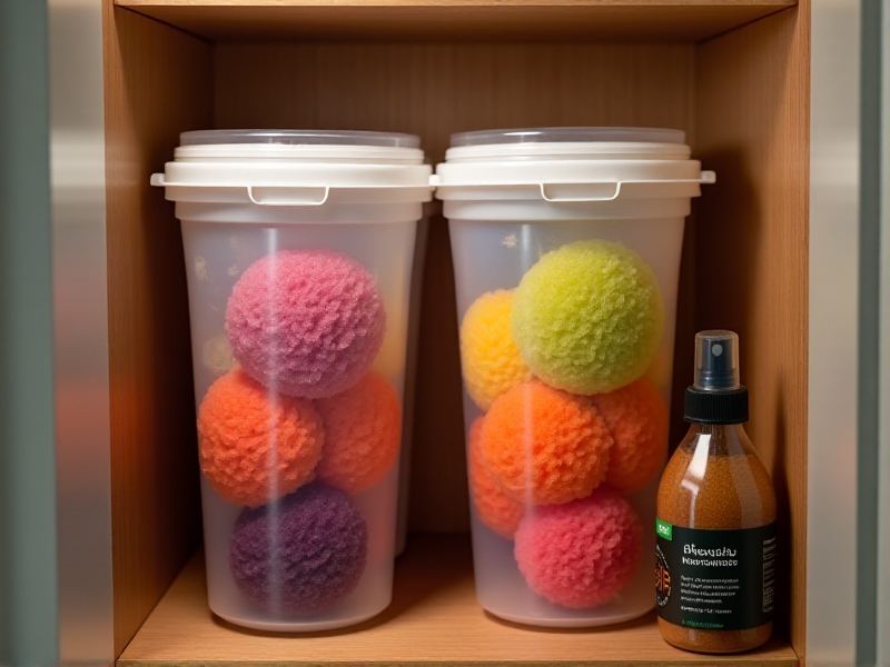 Two stacked plastic Bokashi bins with locking lids in a compact utility closet. Rainbow-colored food waste layers visible through transparent sides, spray bottle of bran nearby on a wooden shelf.