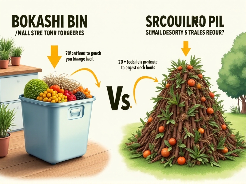 Infographic comparing Bokashi and traditional compost systems: left side shows apartment-friendly Bokashi bins with food waste, right depicts a sprawling backyard pile with leaves and twigs. Arrows indicate space requirements and material types.