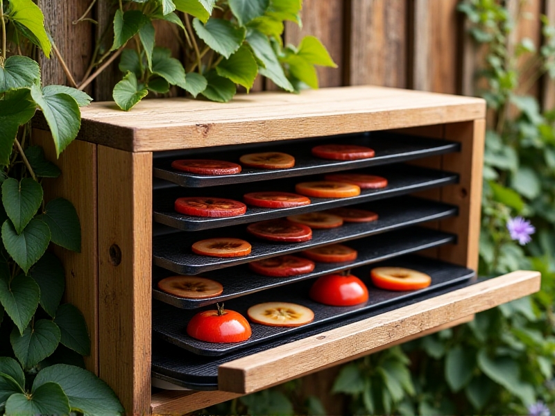 A rustic wooden solar dehydrator with black metal trays, positioned in a sunlit backyard garden. Solar panels glint on the slanted glass lid, while trays hold sliced apples and tomatoes. Soft shadows and vibrant greenery emphasize sustainability and DIY practicality.