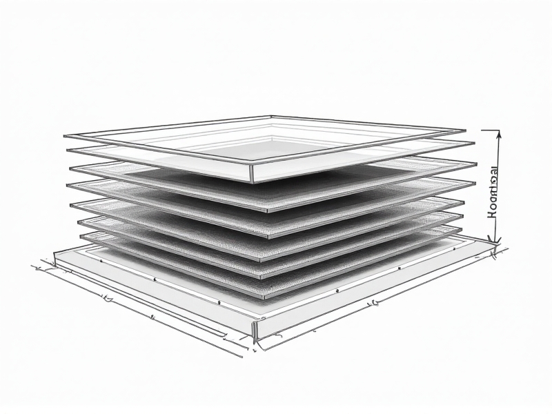 Technical diagram of a solar dehydrator cross-section. Labels indicate airflow arrows, black metal absorber plate, glass cover, and stacked mesh trays. The drawing has a minimalist style with precise lines and annotations, set against a white background for clarity.
