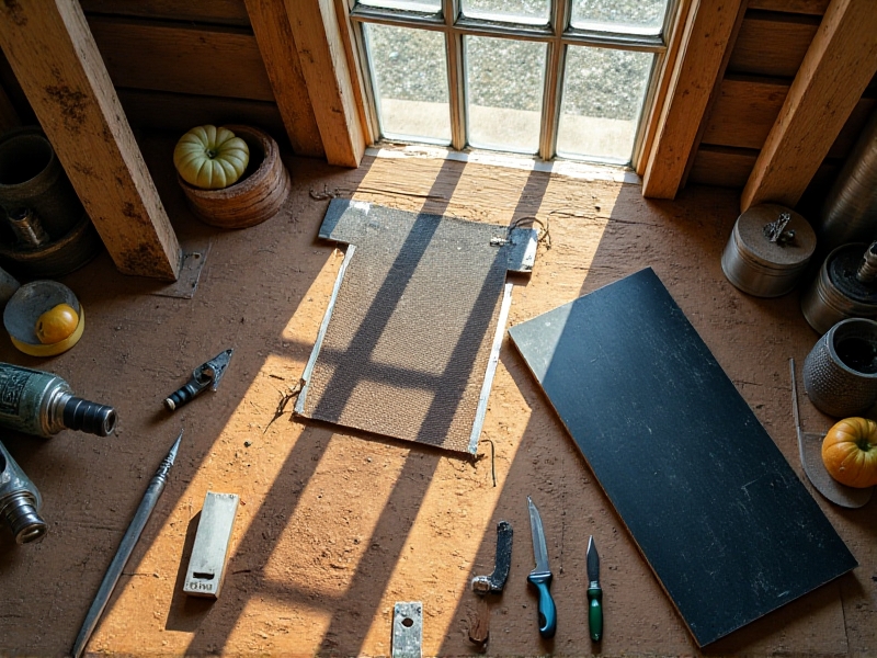 Collage of solar dehydrator materials: weathered wooden planks, rolls of stainless steel mesh, black metal sheets, and a glass window pane. Tools like a saw and drill lie on a rustic workbench, with sunlight casting warm highlights on each component.