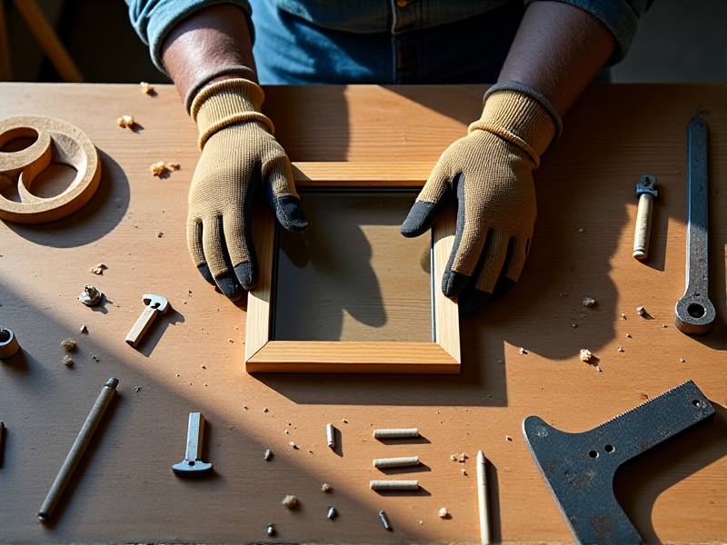 Hands wearing work gloves assemble a solar dehydrator: securing a glass pane to a wooden frame with screws. Wood shavings and tools scatter across a workshop table, with partial sunlight streaming through a garage window, highlighting the DIY process.