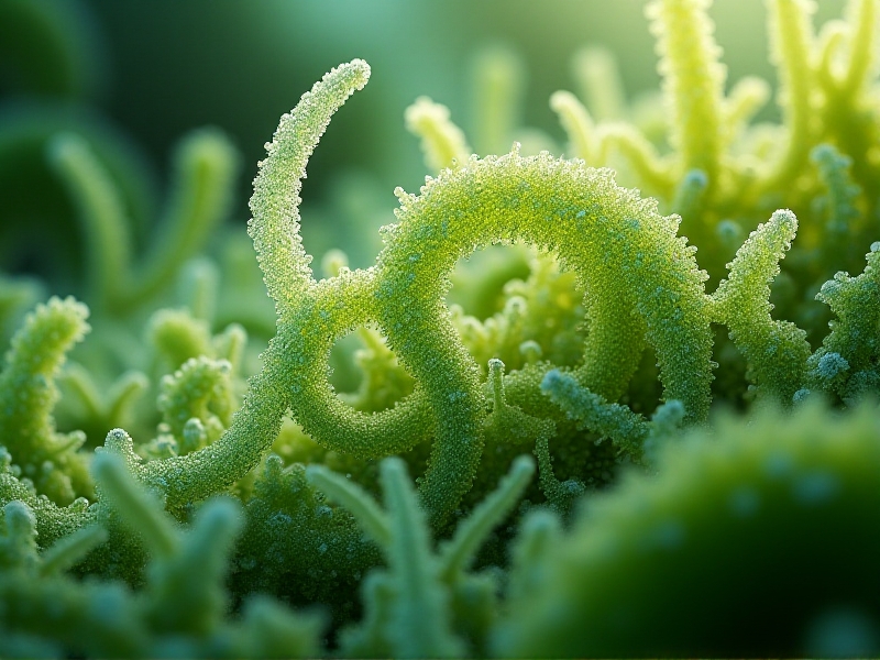A close-up microscope image of worm tea showing translucent bacteria and fungal hyphae swirling in a liquid medium, with vibrant green plant cells in the background. The scene is illuminated with soft lab lighting, emphasizing scientific detail and organic textures.