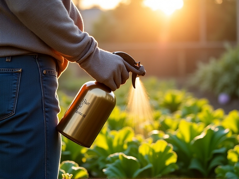 A gardener using a brass spray bottle to mist worm tea onto vibrant lettuce leaves in a raised bed, with early morning dew glistening. The plants appear healthy and robust, with sun rays creating a warm, golden-hour glow.