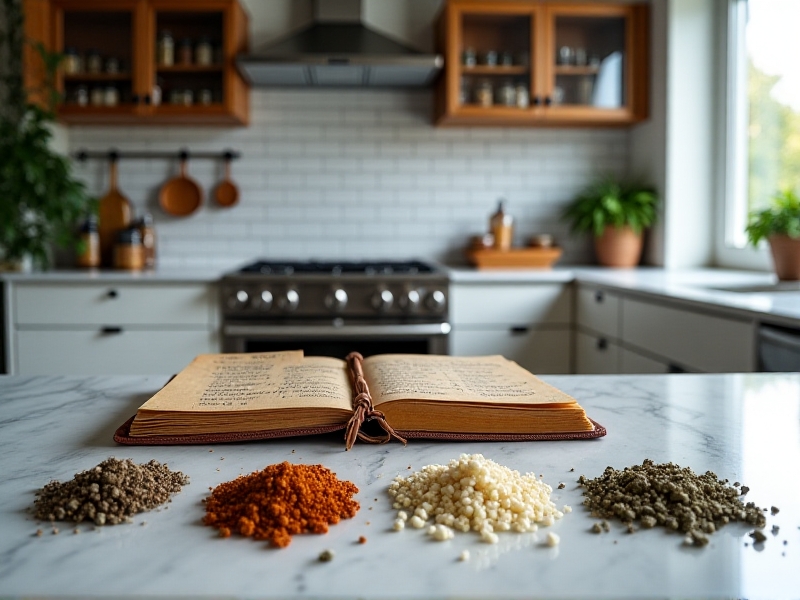 An array of organic additives on a marble counter: kelp flakes, mycorrhizal powder, molasses, and crushed oyster shells, next to a notebook with handwritten brew recipes. Soft natural light and a clean, modern kitchen setting suggest a methodical approach.