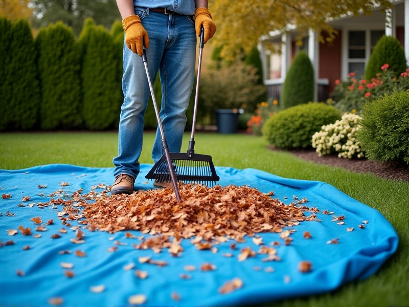 A gardener wearing gloves spreads shredded brown and orange leaves across a blue tarp. A metal rake and leaf shredder sit nearby, with a suburban backyard garden in the background. The image emphasizes preparation and tool use for efficient decomposition.