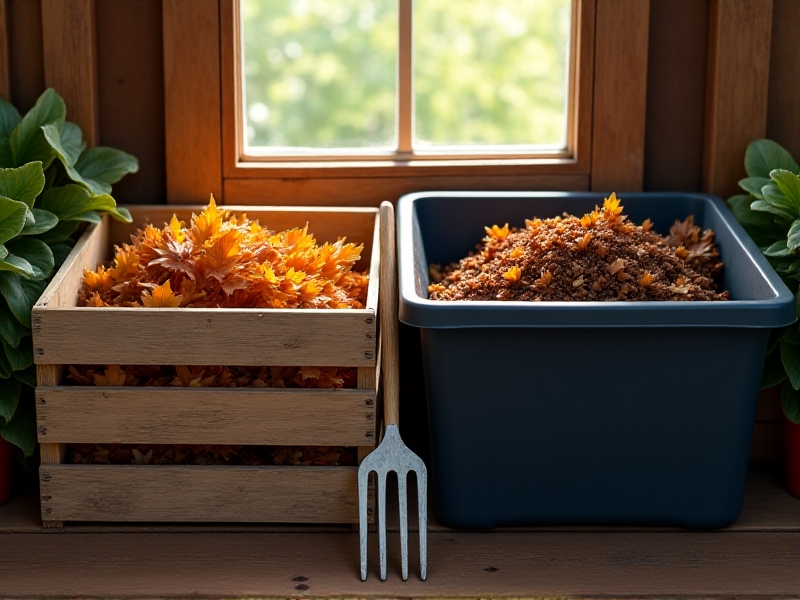Two side-by-side leaf mold bins: one open wooden crate with unturned, dry leaves and a black plastic composter with moist, dark decomposed matter. A gardening fork leans against the bins, illustrating different stages of decomposition.