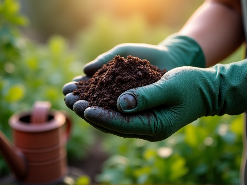 Close-up of a gardener’s hands in green gloves squeezing a clump of decomposed leaves. Water droplets fall, showing ideal moisture levels. The background features a terra-cotta watering can and a misty morning garden.